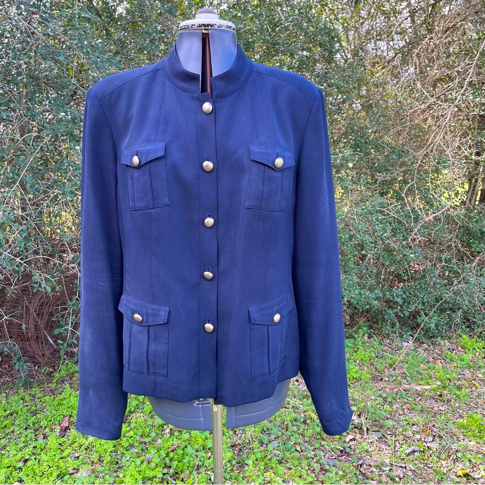Navy silk military style jacket Sz 16